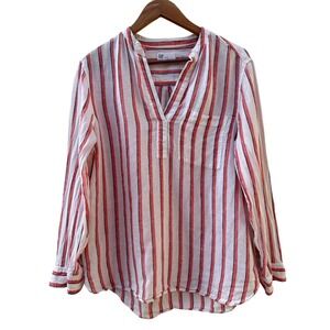 GAP Striped 100% Linen Split Neck Tunic Top Large Long Sleeve Popover Large